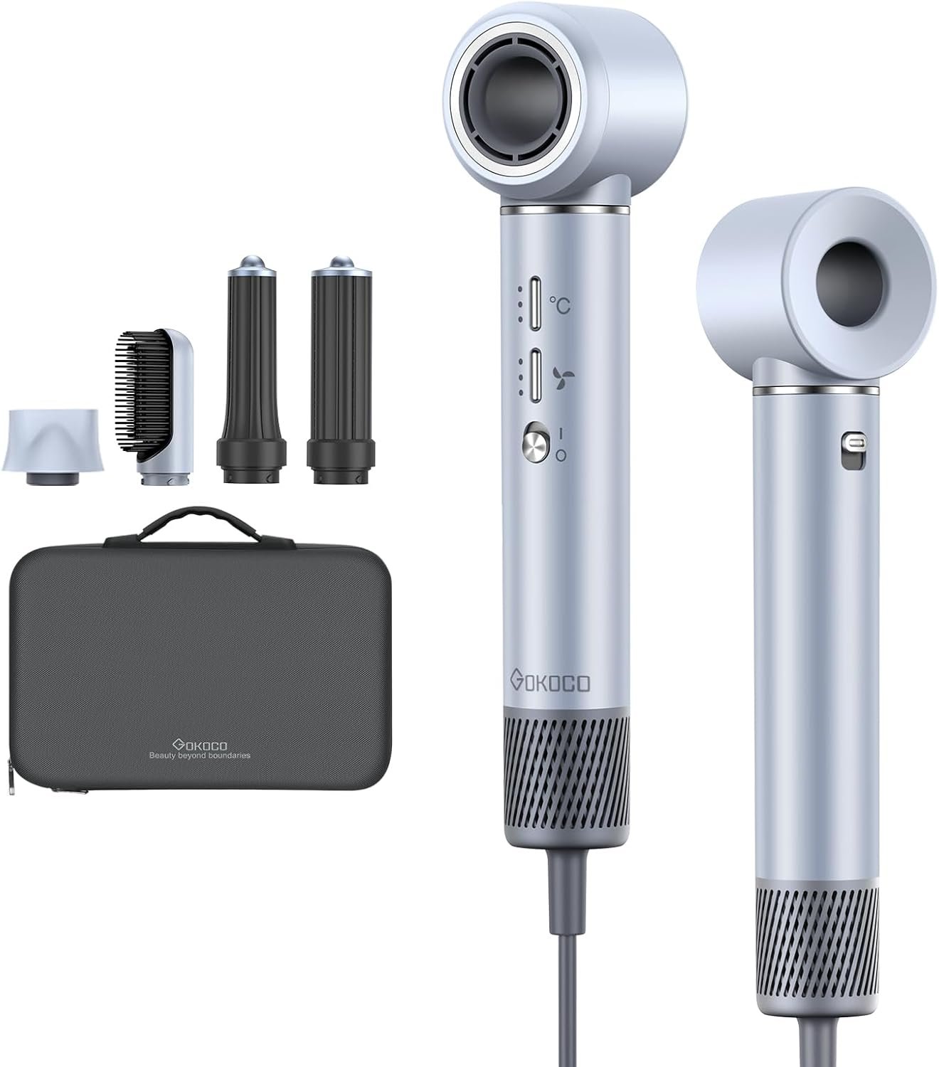 GOKOCO Secador de Cabelo 5 em 1 Conjunto, Escova Secadora 1400W, Kit Modelador Liso e Cacheado com Bocal Magnético Compatível com 110v e 127v, Prata